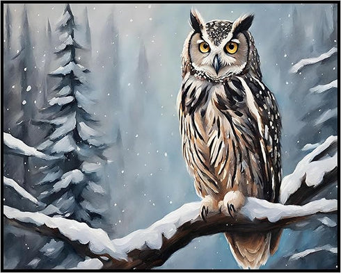Posterizer 1 pcs-owl in nature-winter snowy scene in oil painting style-1-Art for Animal Lovers-Landscape & Nature Art-Decor for Home & Office- un...