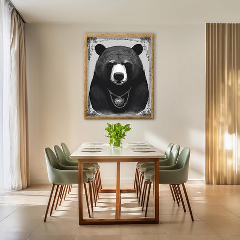 Posterizer 1 pcs- black and white theme-bear wearing necklace-Gothic Art-Art for Animal Lovers- Living Room Bedroom Decor- unframed wall art...