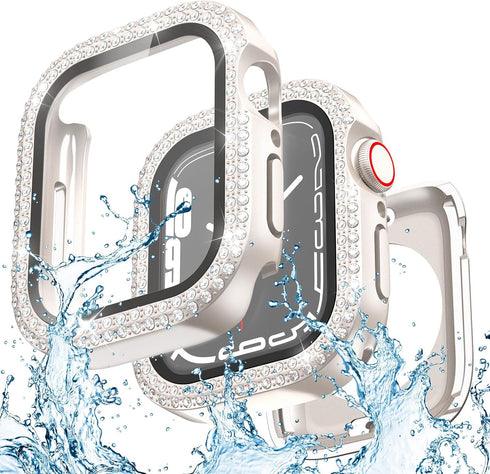 2 in 1 Waterproof Bling Case Compatible for Apple Watch 40mm Screen Protector SE Series 6/5/4, Women Glitter Diamond Rhinestone Bumper Face Cover ...