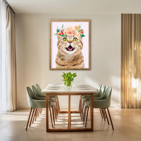 Posterizer 1 pcs-Excited Cat With Flower Crown Cute Print-Art for Animal Lovers-Floral Botanical Art-Gifts for Women-Living Room Bedroom Decor- un...
