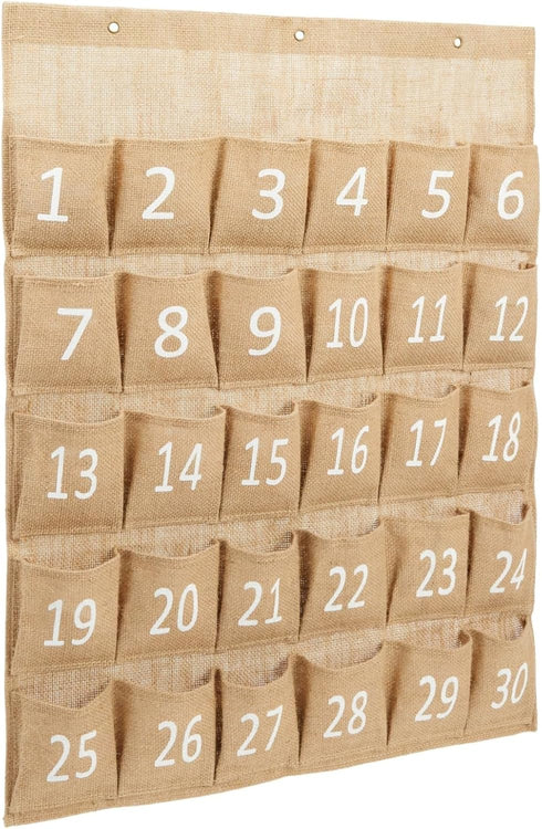 Juvale 30-Row Burlap Cell Phone Holder for Classroom, Farmhouse Designed White Numbered Hanging Pocket Organizer for Mobile Phones, Calculator Cad...