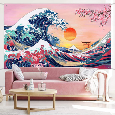 Ocean Wave Tapestry Japanese Kanagawa Backdrop Great Wave Tapestry Cherry Blossom Nature Sunset Background Wall Hanging Banner for Japanese Party ...