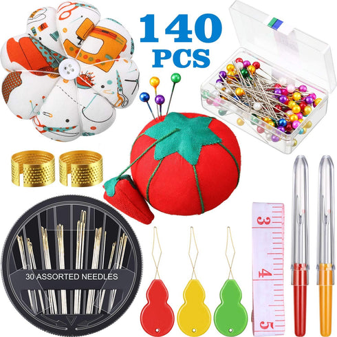 140 Pieces Sewing Tool Set Including Tomato Pin Cushion, Pumpkin Wrist Cushion, Glass Ball Head Pins, Self Threading Needle Gourd Shaped Needle Th...