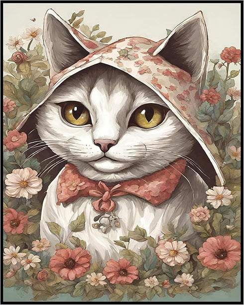 Posterizer 1 pcs- Cute white cat with white clothes on in between flowers-Art for Animal Lovers-Floral Botanical Art- Gift for Men Women -Living R...