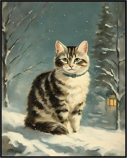 Posterizer 1 pcs-cute kitty cat in snowy winter-oil painting style -3-Art for Animal Lovers-Landscape & Nature Art-Decor for Home & Office- unfram...