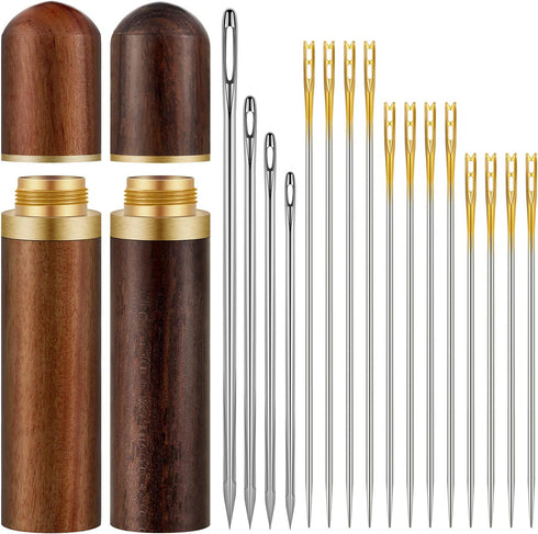 24 Pieces Self Threading Needles Easy Threading Needles and 4 Pieces Large-Eye Hand Sewing Needles with 2 Pieces Wooden Needle Case for Storing Ha...
