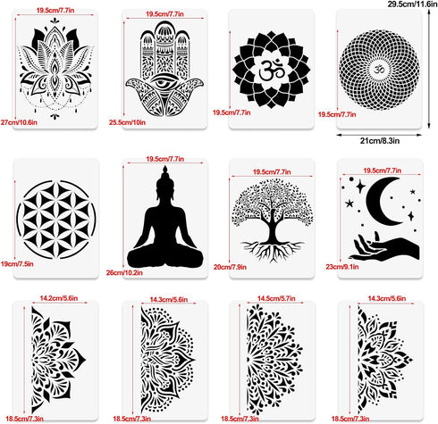 12 Pcs Sacred Geometry Stencils, Hamsa Hand Torus Om Sacred Lotus Moon Mandala Zen Stencils Flower of Life Yoga Spiritual Stencils Meditation Temp...