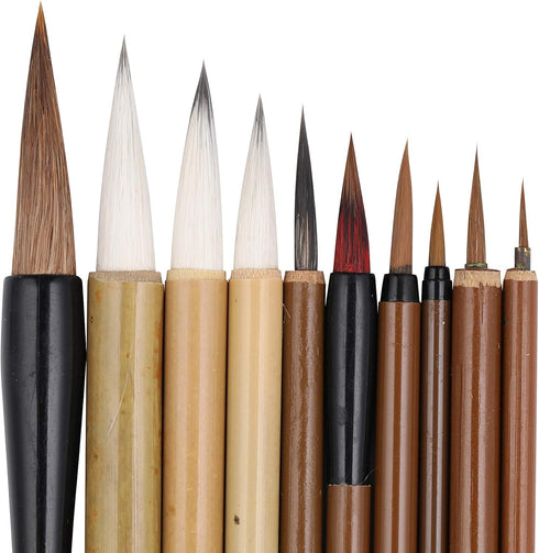 I-MART 10 Pcs Chinese Calligraphy Brush, Kanji Japanese Sumi Brushes, Writing Brush, Drawing Painting Brush Set with Roll Up Bamboo Holder...