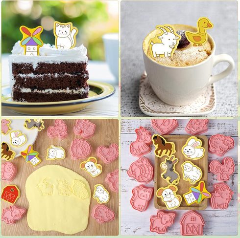 16 Pcs Farm Animal Cookie Cutters with Plunger Stamps Set, Farm Animal theme Fun Cookie Mold, 3D Animal Shape Cookie Cutters, Animal Series Shape ...