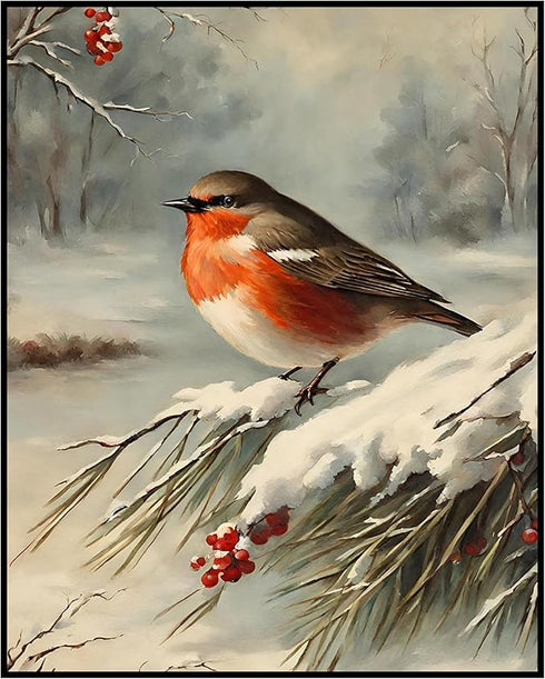 Posterizer 1 pcs-little bird in snowy winter scene-oil painting style -9-Art for Animal Lovers-Landscape & Nature Art-Decor for Home & Office- unf...