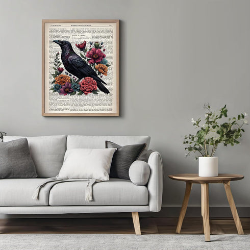 Posterizer 1 pcs-Raven , Crow , Roses , Flowers-Gothic Occult Print-Art for Animal Lovers-Floral Botanical Art-Gift for book lovers-Living Room Be...