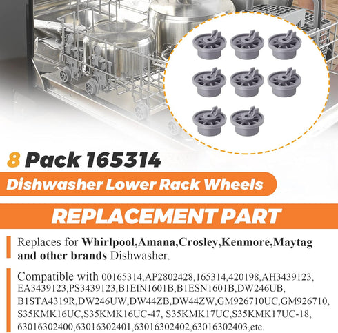 165314 Dishwasher Lower Rack Wheels by Beaquicy - Upgrade 8 Pack - Fit for Bosch Kenmore Dishwasher SHE43, SHE33, S35K, 630163 series - Replace 420198 423232 AP2802428 PS3439123 EAP3439123 PS8697067