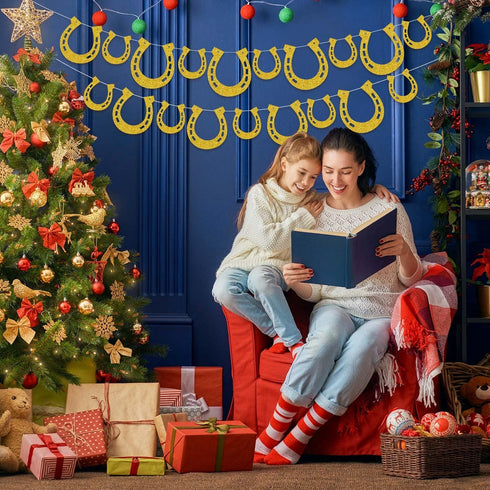 4 Piece Derby Horseshoe Garland Banner for Western Wedding Party Decoration, Pre Assembled (Gold)...