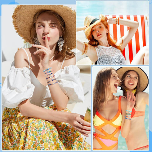 PAXCOO Set of 25 Surfer Wave Bracelets Ocean Wave Adjustable Waterproof Handmade Bracelet Summer Sunflower Bracelets Anklets Jewelry for Women Tee...