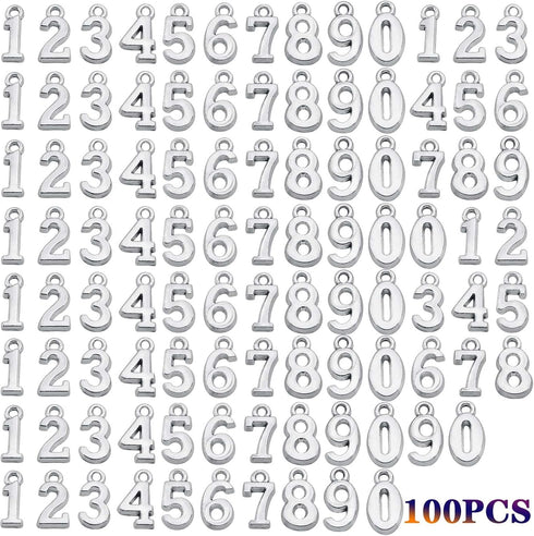 100pcs Antique Silver Arabic Numerals 0-9 Charms Digital Figures Number Pendant Charms Craft Supplies for DIY Necklace Bracelet Jewelry Making Acc...