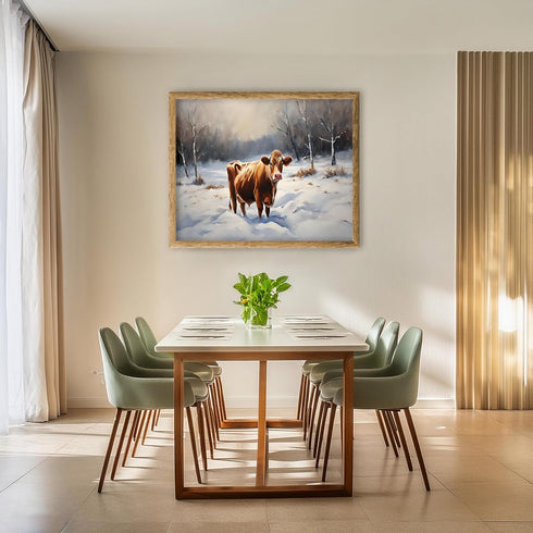 Posterizer 1 pcs-cute cow in snowy winter scene-oil painting style-3-Art for Animal Lovers-Landscape & Nature Art-Decor for Home & Office- unframe...