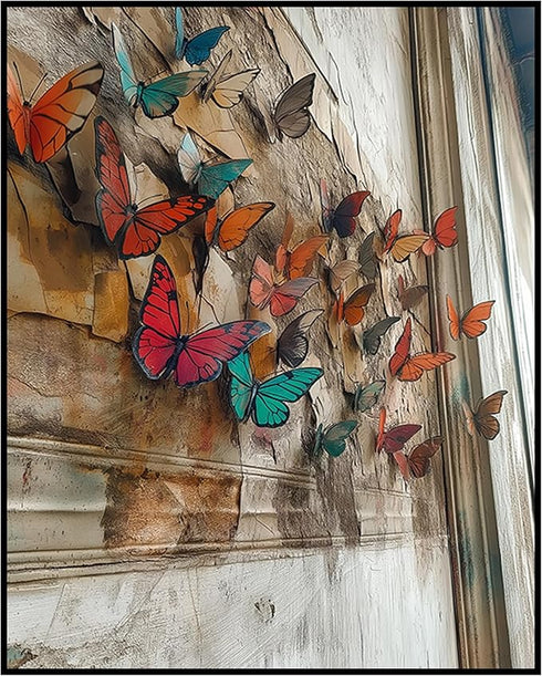 Posterizer-vibrant butterflies on old wall -1-Art for Animal Lovers-Abstract & Modern Art-decor for Girls, Teens Bedroom- unframed wall art...