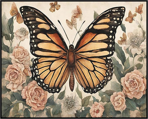 Posterizer 1 pcs- Beautiful brown butterfly next to wild Pink flowers-Art for Animal Lovers-Floral Botanical Art- Gift for Men Women Teens-Living ...