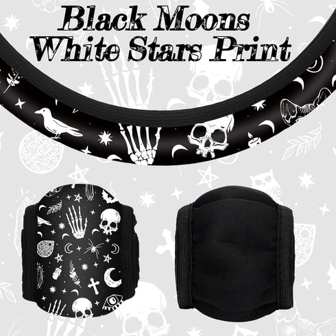 4 Pieces Black Moons White Stars Print Car Accessories Set Black Moons White Stars Steering Wheel Cover with 2 Pieces Car Cup Holder and Leather K...
