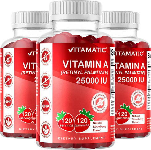 Vitamatic Sugar Free Vitamin A 25000 IU Gummies (Retinyl Palmitate) - Natural Strawberry Flavor - 120 Pectin Based Gummies (1 Bottle)...