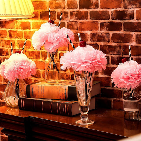 WILLBOND 6 Sets Pink Carnations Artificial Flowers, 50's Theme Party Decorations Include White Pink Carnation Lifelike Cherries and Paper Straws f...