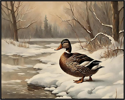 Posterizer 1 pcs-duck in snowy winter nature-oil painting style 2-Art for Animal Lovers-Landscape & Nature Art-Decor for Home & Office- unframed w...