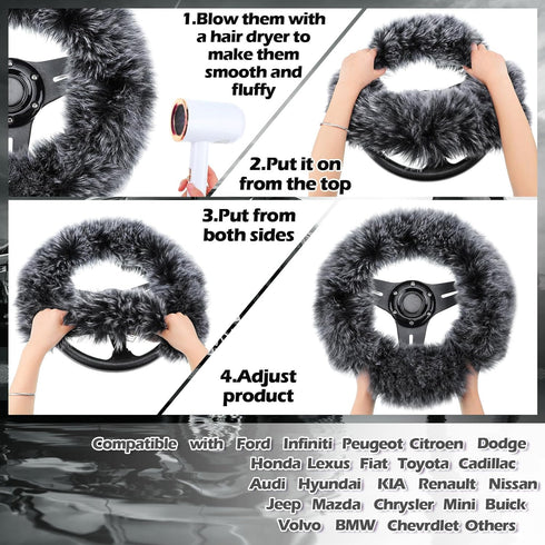 Frienda 6 Pieces Fluffy Car Accessories Set Fluffy Steering Wheel Cover Soft Fuzz Handbrake Cover Gear Shift Cover Bling Car Mirror Fuzz Car Decor...