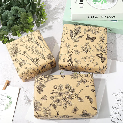 AnyDesign 12 Sheets Floral Kraft Wrapping Paper Spring Flower Butterfly Gift Wrap Paper Bulk Folded Flat 4 Designs Brown DIY Craft Art Paper for P...