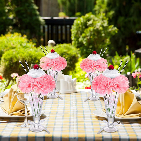 WILLBOND 6 Sets Pink Carnations Artificial Flowers, 50's Theme Party Decorations Include White Pink Carnation Lifelike Cherries and Paper Straws f...