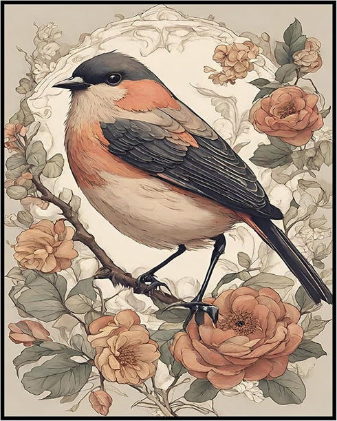 Posterizer 1 pcs- beautiful black and white bird with wild red flowers-Art for Animal Lovers-Floral Botanical Art-Gift for Men Women Teens-Living ...