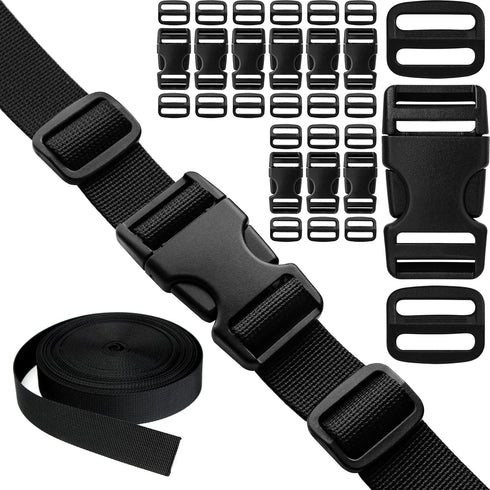 Buckles Straps Set 1 inch: 10 pack Side Release Plastic Buckle + 12 yard Nylon Webbing Strap + 20 pcs Tri-glide Slide Clip, Heavy Duty Quick Snap ...