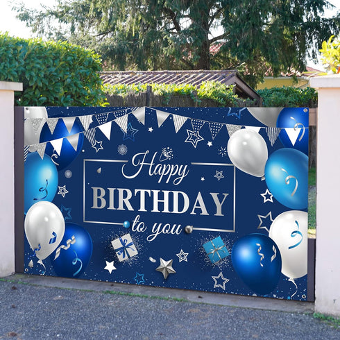 Sumind Happy Birthday Decorations Backdrop Banner, Navy Blue and Silver Party Decoration Banner Sign Photo Background for Men Women Birthday Suppl...