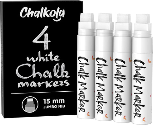 White Jumbo Chalk Markers - 15mm Window Markers | Pack of 4 White Pens - Use on Cars, Chalkboard, Whiteboard, Blackboard, Glass, Bistro | Loved by...