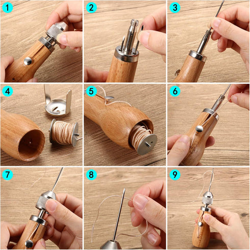 5 Pieces Sewing Awl Kit, Leather Sewing Stitching Leather Craft Awl with Needles (Straight and Bent), Coil and 200 Meters Waxed Threads for DIY Le...