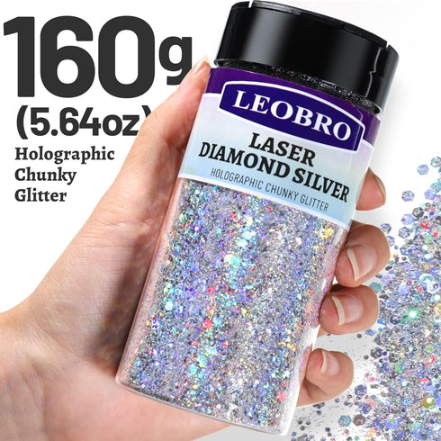 LEOBRO Glitter, 160G/5.64OZ Silver Glitter, Holographic Chunky Glitter, Craft Glitter for Resin, Metallic Iridescent Glitter Silver Chunky Glitter...