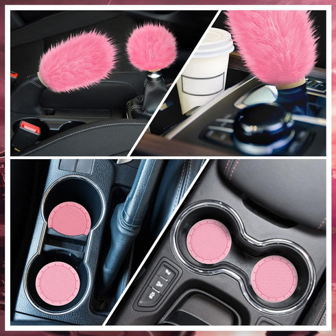 Frienda 6 Pieces Fluffy Car Accessories Set Fluffy Steering Wheel Cover Soft Fuzz Handbrake Cover Gear Shift Cover Bling Car Mirror Fuzz Car Decor...