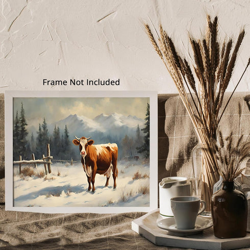 Posterizer 1 pcs-cute cow in snowy winter scene-oil painting style-1-Art for Animal Lovers-Landscape & Nature Art-Decor for Home & Office- unframe...