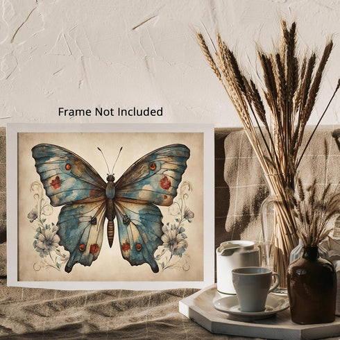 Posterizer 1 pcs- Blue butterfly next to small flowers-Art for Animal Lovers-Floral Botanical Art- Gift for Men Women Entrepreneur Teens-Living Ro...