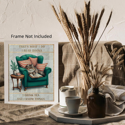 Posterizer 1 pcs-Cat quote-I read books and drink tea-Art for Animal Lovers-Comedy Art-Living Room Bedroom Decor- unframed wall art...