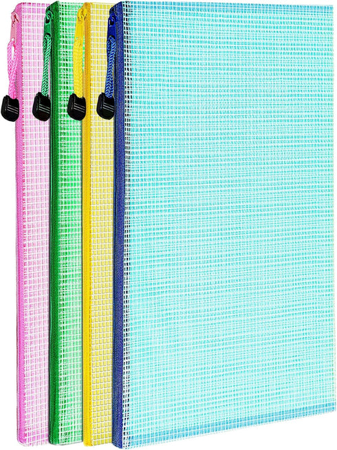LEOBRO 4 Pack Mesh Zipper Pouch, 13.2"x 9.2" A4 Letter Size Mesh Bags with Zipper, Plastic Envelopes Zip File Document Bags, Storage Bags for Orga...