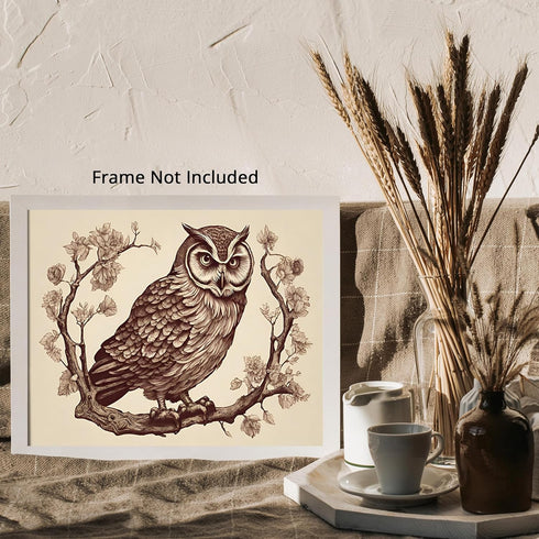 Posterizer 1 pcs- Brown owl sitting on a twig Print-Art for Animal Lovers-Floral Botanical Art- Gift for Men Women Entrepreneur Teens-Living Room ...