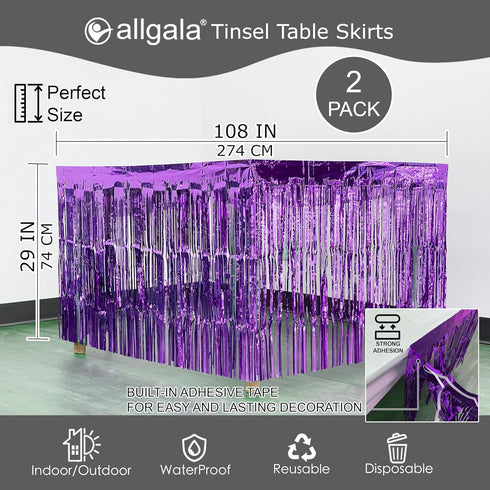 Allgala Purple Tinsel Table Skirt 2-Pack 29x108 Inch Metallic Foil Fringe Table Skirts for Party Event, Parade Float, Party Decoraton...