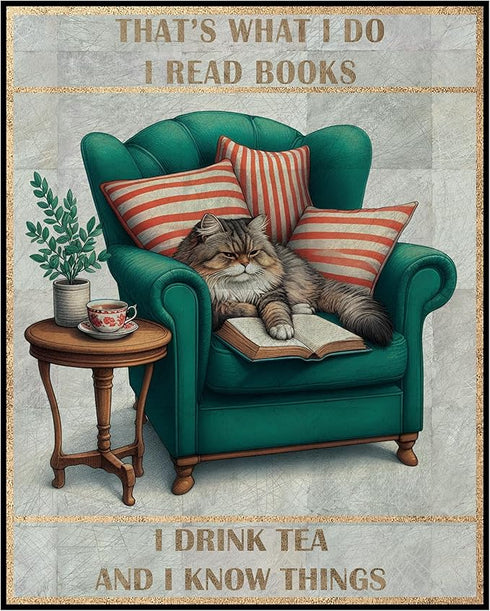 Posterizer 1 pcs-Cat quote-I read books and drink tea-Art for Animal Lovers-Comedy Art-Living Room Bedroom Decor- unframed wall art...