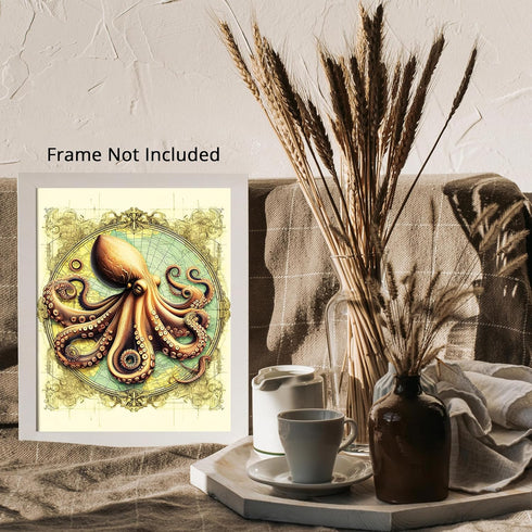 Posterizer 1 pcs-Octopus on World Map Print-Art for Animal Lovers-Retro Art- Gift for Men Women Entrepreneur Teens-Living Room Bedroom Decor- unfr...