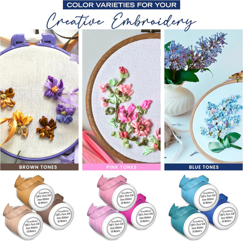 New 7mm Size ThreadNanny 6 Spools of 100% Pure Silk Ribbons - Blue Tones - 60 Meters x 7mm...