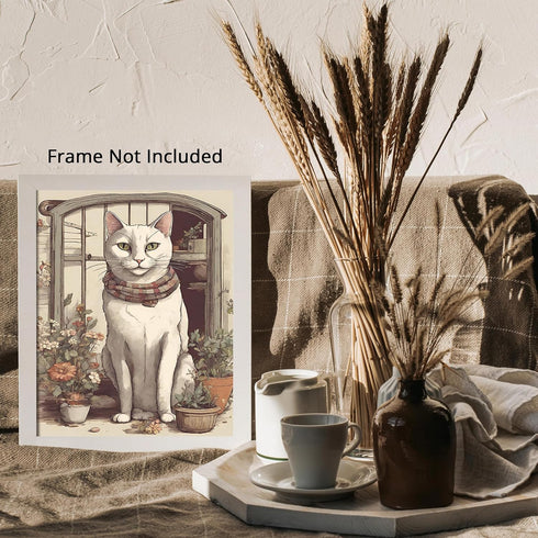 Posterizer 1 pcs- White cat sitting next to small pots-Art for Animal Lovers-Floral Botanical Art- Gift for Men Women Entrepreneur Teens-Living Ro...
