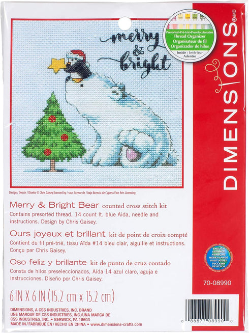 Dimensions 70-08990, 6" x 6" Merry and Bright Bear Counted Cross Stitch Kit, 14 Light Blue Aida...