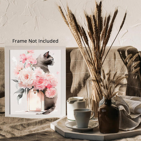 Posterizer 1 pcs-flowers and a cat-chic decor-Art for Animal Lovers-Gift for Women, Fashionistas, Designer Fashion Fans-Living Room Bedroom Decor-...