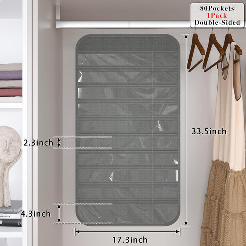 1-Pack Hanging Jewelry Organizer 80-Pocket Dual-sided Jewelry Storage for Jewelry Earring Necklace Bracelet Ring Storage Travel Holder, Gray...