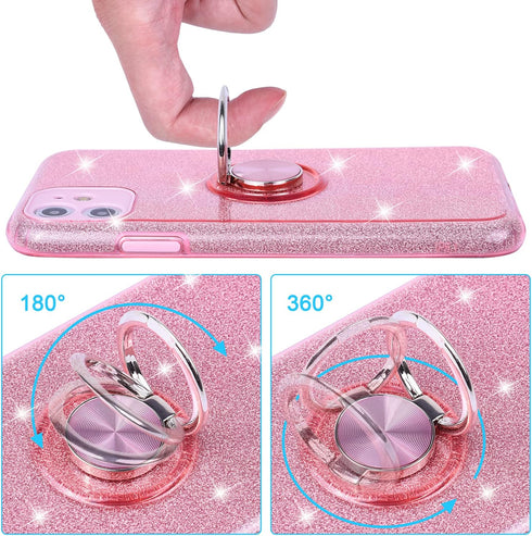 Wisdompro Case for iPhone 11, Cute Glitter Bling Sparkly Case with Ring Stand, Women Girls Protective Phone Case Cover for iPhone 11 6.1 inch - Pi...